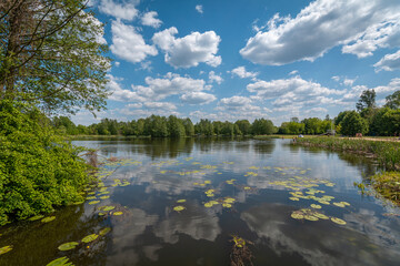 A water reservoir on the Grabia River in the city of Łask, Poland.