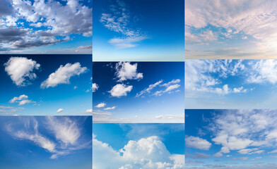 A collection of a blue sky with clouds backgrounds. Sky only.