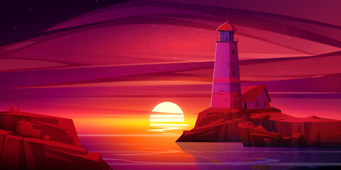 Old lighthouse against sunset background. Vector cartoon illustration of sea beacon building on rocky island shore, sun going down on horizon, dawn sky reflection on tranquil water surface, seascape