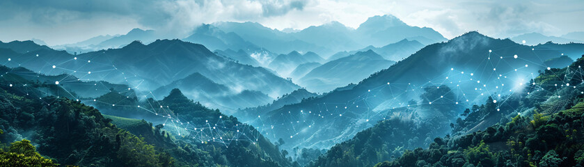 A sweeping view of a mountainous ecosystem, rich with biodiversity, is combined with data visualizations depicting climate change metrics. The blend of natural beauty and digital information