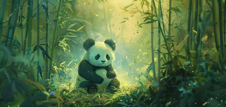 A painting,A cute panda in bamboo forest