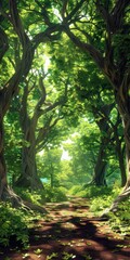 Enchanted forest scene with towering ancient trees