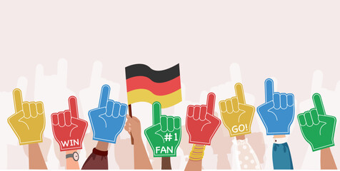 Soccer European championship 2024 background soccer banner with Germany fans. Foam finger supporting football team. Vector backdrop.