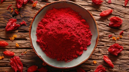  A white bowl holds red powder atop a wooden table near dried gourmet red peppers