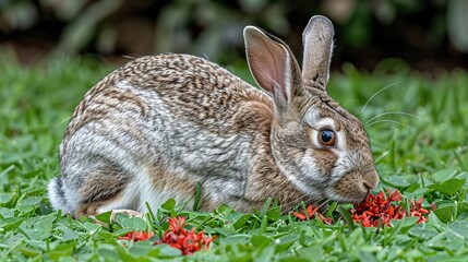   A rabbit, brown and white, munches on a crimson bloom amidst emerald blades and towering trees