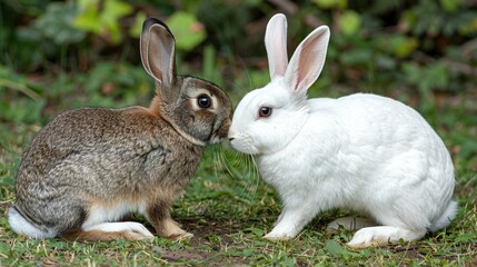 Fototapeta premium A pair of bunnies lounging on a green meadow surrounded by tall trees