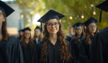 One young student University graduate in black gown, glasses and graduate cap. Generative AI
