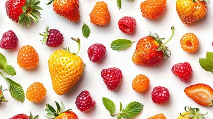   A group of strawberries and raspberries on a white surface with green leaves and strawberries on the side