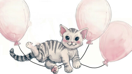   Drawing of kitten on string with balloon cat and cat head