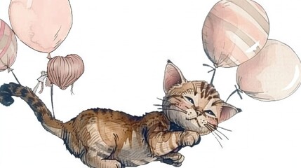   Illustration of a flying cat with balloons attached to its back and a visible feline face