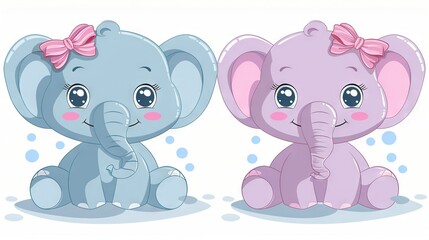   A baby elephant with a pink bow sits beside an older elephant also wearing a pink bow, while a blue elephant with a pink bow rests nearby
