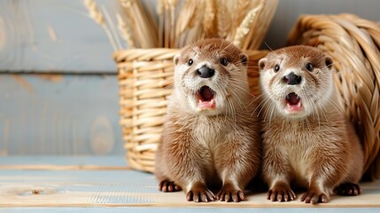   Two small otters sit together in front of a wicker basket with wheat stalks in the background