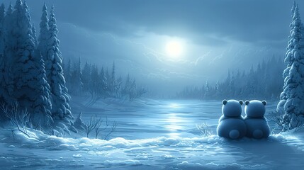   Two  bears sit in the snow before a tranquil lake, beneath a full moon illumining the sky