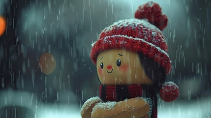   A close-up of a toy in winter attire with a hat and scarf, set against a snowy backdrop and a streetlight in the distance