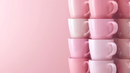 Stack of pink and white coffee mugs on a soft pink background, ideal for kitchenware and minimalism themes.