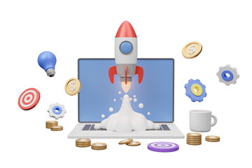 startup rocket launch , business concept, 3D illustration, not AI generated, transparent background