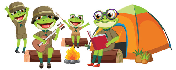 Fototapeta premium Frogs enjoying camping with music and books
