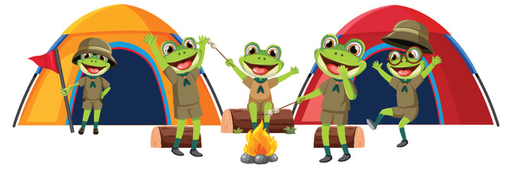 Frogs enjoying a campfire with tents