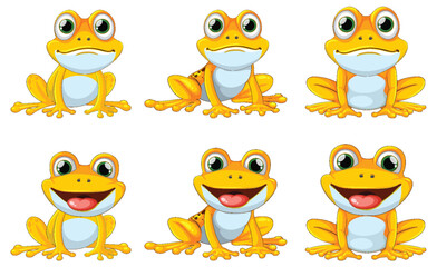 Six cartoon frogs showing different emotions