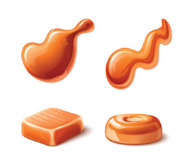 Caramel syrup swirl, liquid toffee cream drop flow. Melt fudge droplet. Abstract sweet food puddle and toffy candy design set on white background. 3d realistic fluid yummy glossy texture paint