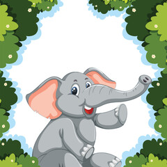 Cheerful cartoon elephant surrounded by green foliage