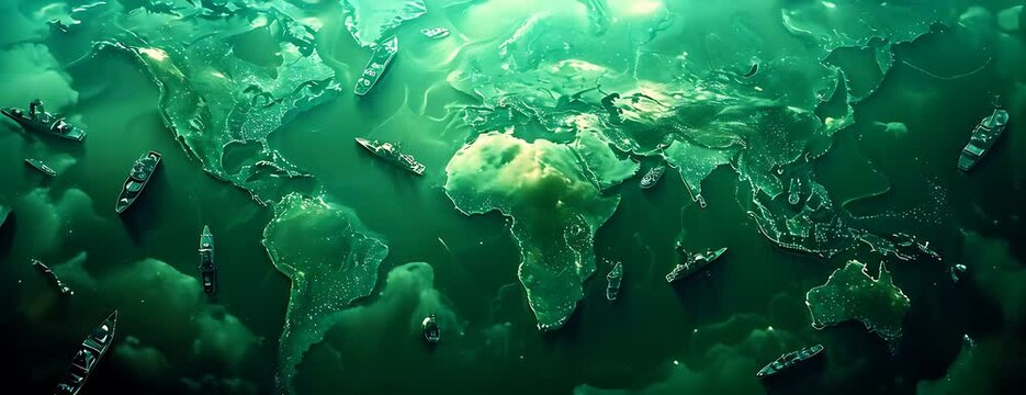 The world map surrounded by many tanks and small ships.