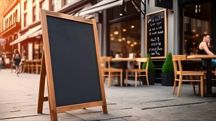 Empty blackboard sign mockup in front of a restaurant , Menu board with a street cafe or restaurant  - Powered by Adobe