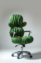 Green prickly cactus in the form of an office chair, isolated background.