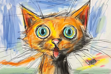 Cat, children's drawing with colored pencils. Psychology and self-development