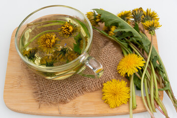 Dandelion flower infusion cup, edible and medicinal plant