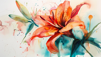 colorful ink wash painting on a white background of a lilly decorative painting