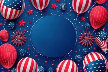 Fototapeta premium American Independence day 4th July celebration blue background with podium, red white and blue balloons for product photography digital 3d render