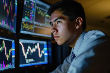 A Young Hispanic Businessman Monitoring Multiple Computer Screens of Colorful Financial Charts and Graphs
