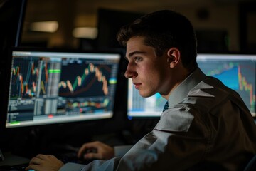 A Young Hispanic Businessman Watching Multiple Computer Screens of Colorful Financial Charts and Graphs