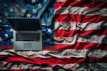 Close-up of laptop on American flag with 4th july theme