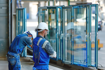 Factory workers assembling double-pane windows, showcasing efficiency in glass manufacturing industry.