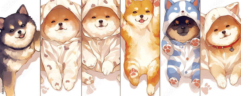 Wall mural Cute cats wearing anime onesie dog costume background. - Wall murals