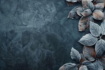 Frosted leaves on a dark surface with a copy space, top view. AI generative