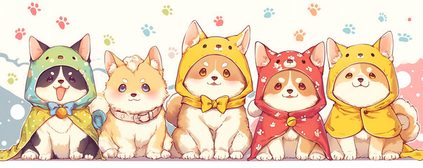 Cute cats wearing anime onesie dog costume background.