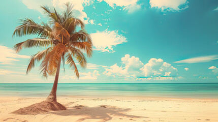 Palm tree on tropical beach with blue sky and white clouds abstract background. Copy space of summer vacation and business travel concept. Vintage tone filter effect color style.