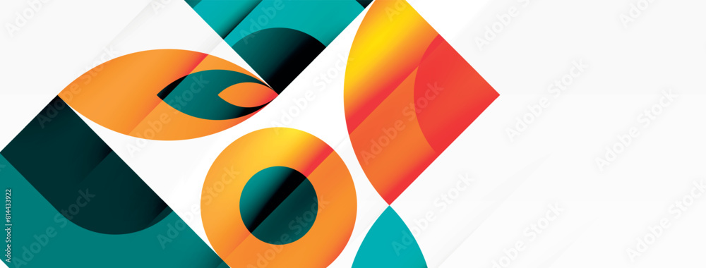 Poster a vibrant and artistic design featuring circles and squares in orange and electric blue hues on a wh