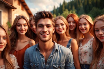 Handsome attractive young man surrounded by group of admiring young women