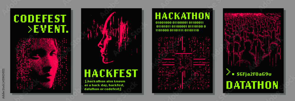 Poster set of futuristic posters with 8-bit pixel art illustrations of glitched human heads. covers for hac