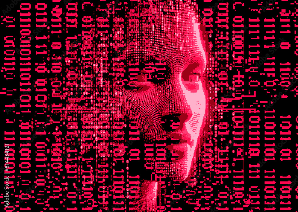 Poster Futuristic collage of a 3D human head and digits on a dark background in pixel art style in red vivid color palette. Conceptual vector illustration of virtual and augmented reality.