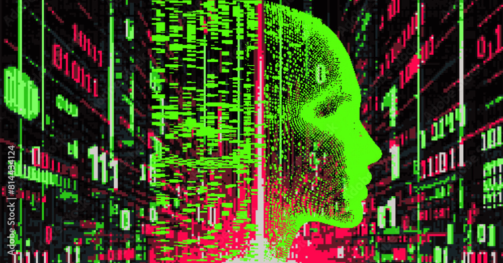 Aufkleber Glitchy pixelated 3D human face and green binary code on the background. Conceptual vector illustration of personality and facial recognition systems.