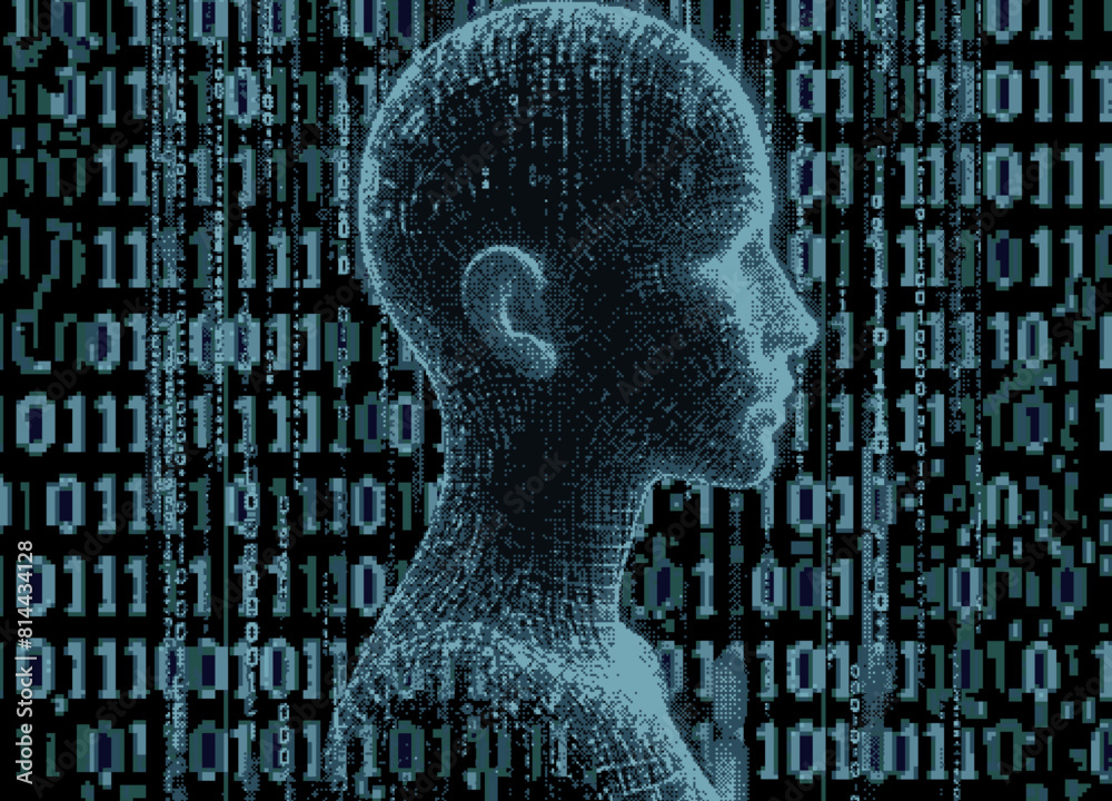 Poster 3D human head and digits on a dark background in pixel art style. Conceptual vector illustration of virtual and augmented reality.
