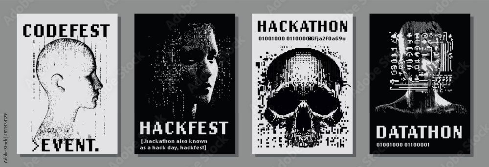 Poster set of retrofuturistic posters with pixel art illustrations of glitched human head and skull. covers