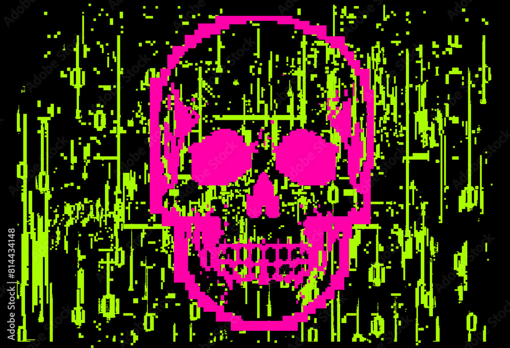 Poster Collage of a skull and binary code on a glitchy pixelated neon background. The concept of computer virus and malware.