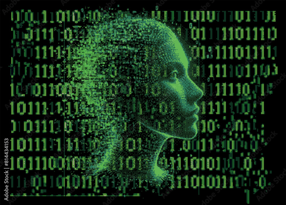 Aufkleber 3D human face and binary green code on a dark background. Conceptual vector illustration on the topic of virtual reality and technology.