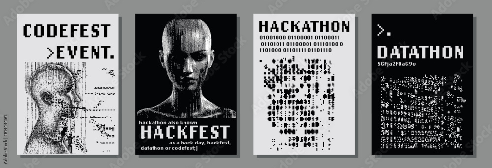 Poster set of futuristic posters with 8-bit pixel art illustrations of glitched human heads. covers for hac